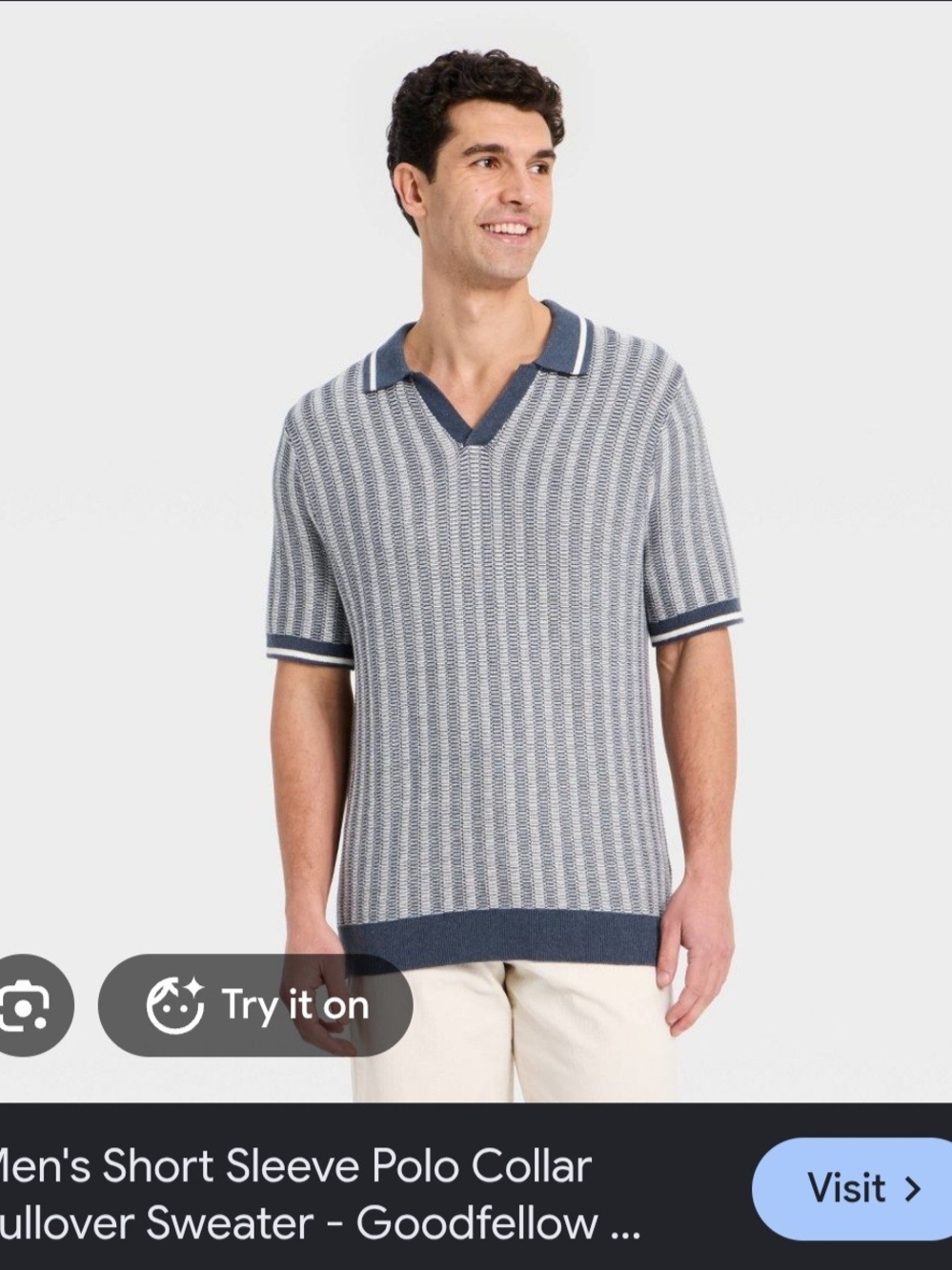 Goodfellow & Co Men's Blue and White V-Neck Short-Sleeve Sweater